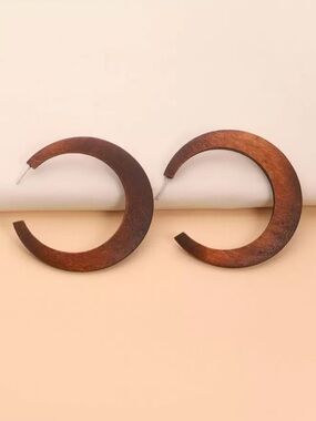 Wooden Crescent Hoop Earrings - Warm Brown